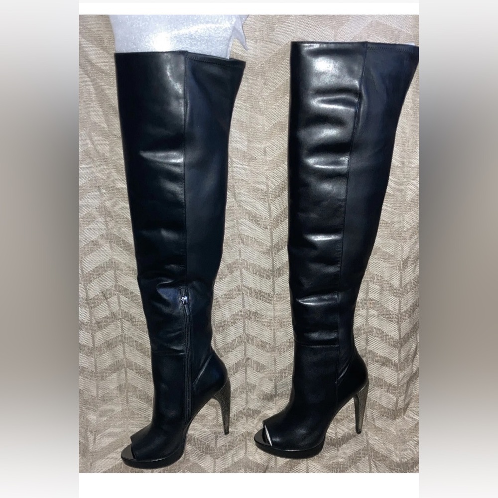 Herve Leger Thigh High Platform Heel Siren Boots Women’s 10 Black Leather New - Picture 8 of 13